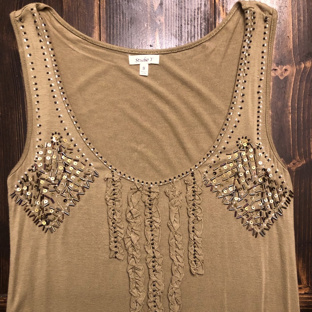 NWOT Maurices STUDIO Y Dressy Tank Top w/Bead & Ruffle Detail- Army Green SZ S